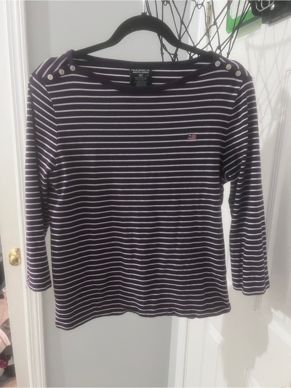 Polo by Ralph Lauren Navy and White Striped Boatneck Top with Shoulder Buttons